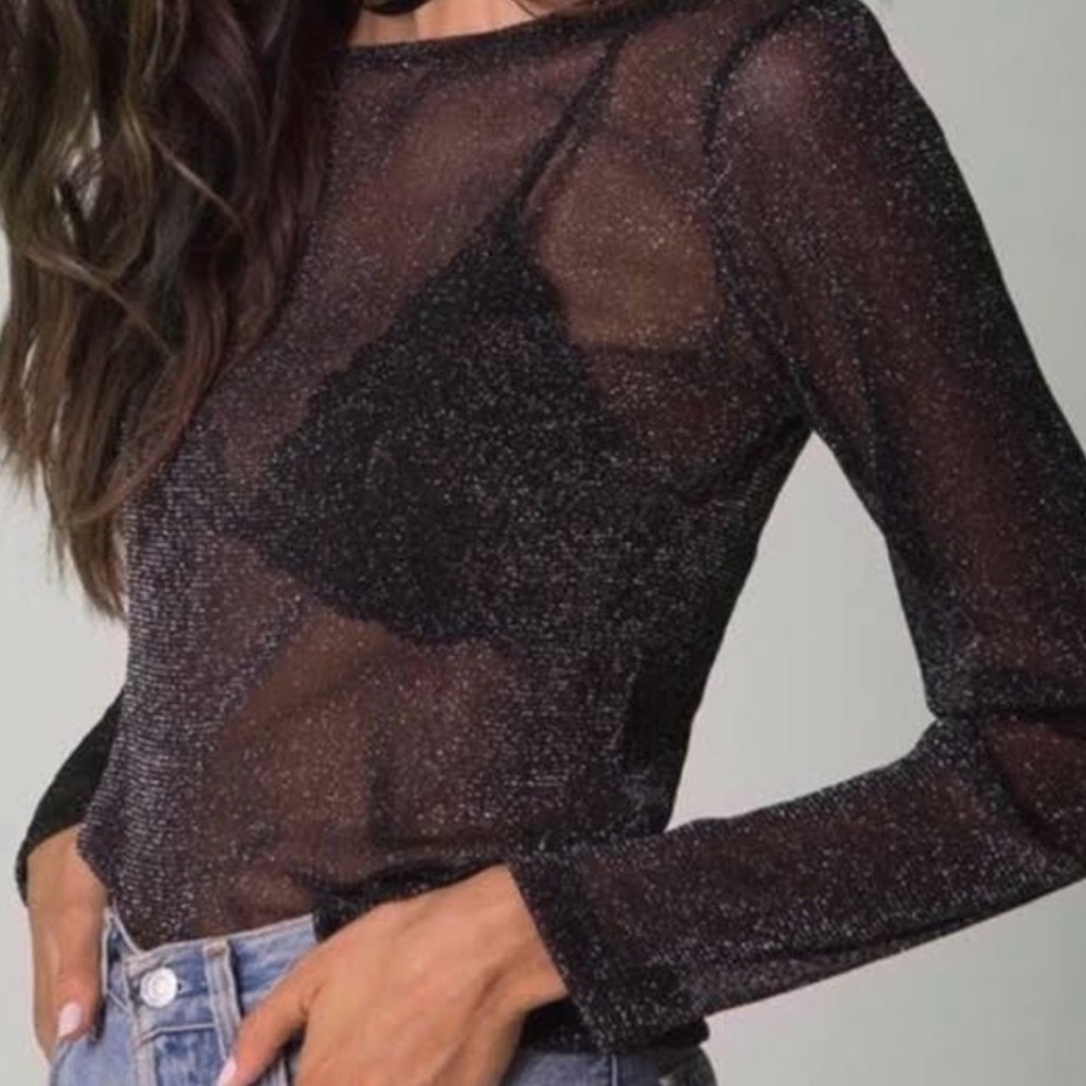 NWT Victoria's Secret Black Metallic Sheer Long Sleeve Top Size Medium/ Large - Picture 10 of 10